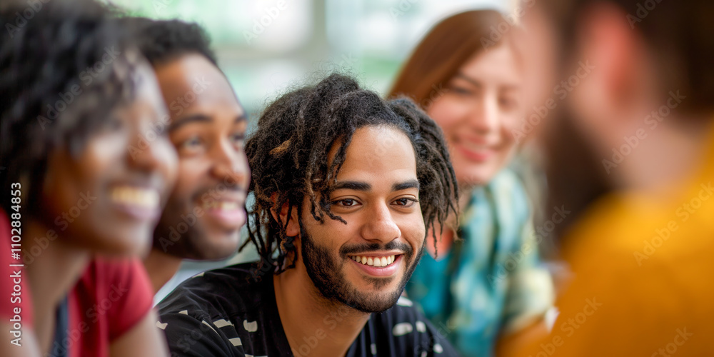Obraz premium Multiracial young adults engaged in a joyful group discussion indoors