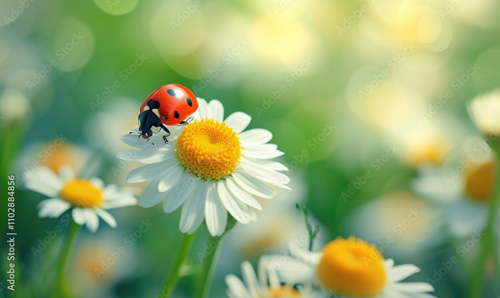 Obraz premium Ladybug on the chamomiles flower, spring background