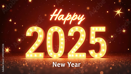 Happy New Year 2025 with glowing lights. Festive celebration concept.