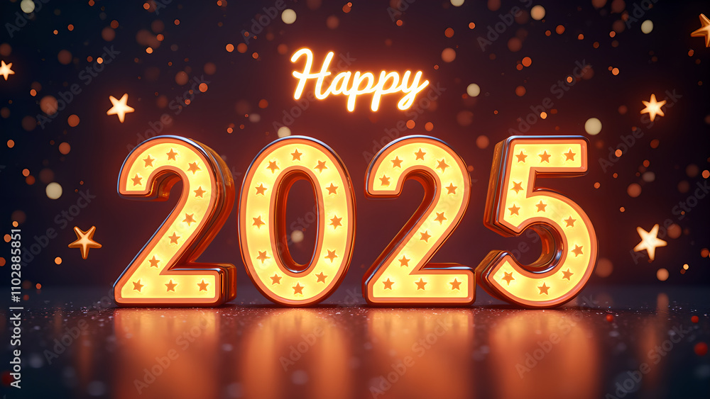 Happy New Year 2025 with glowing lights. Festive celebration concept. Happy New Year 2025 with glowing lights. Festive celebration concept.