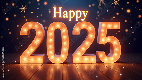 Happy New Year 2025 with illuminated numbers. Concept of celebration, party, and holiday.