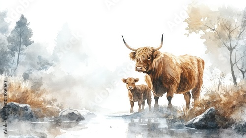 Wallpaper Mural A tranquil watercolor illustration of a Highland cow and calf standing together, surrounded by a misty morning glow. Torontodigital.ca