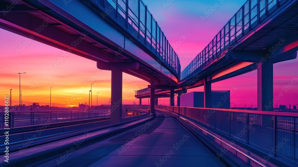 Modern industrial overpass at sunrise, with vibrant colors reflecting off metal surfaces Modern industrial overpass at sunrise, with vibrant colors reflecting off metal surfaces