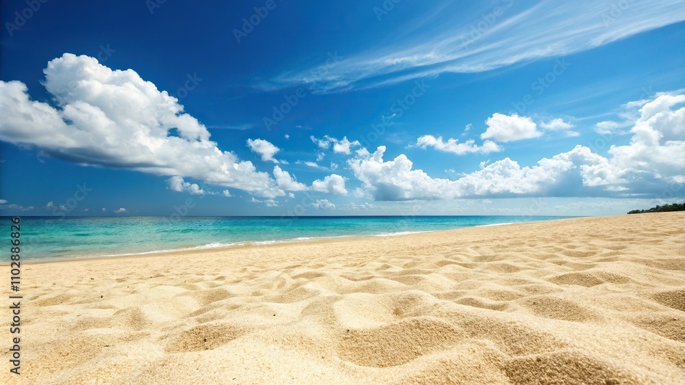 A serene beach scene features hot golden sand and a clear blue sky with puffy white clouds set against a bright sunny backdrop, beach, sunset, horizon, landscape