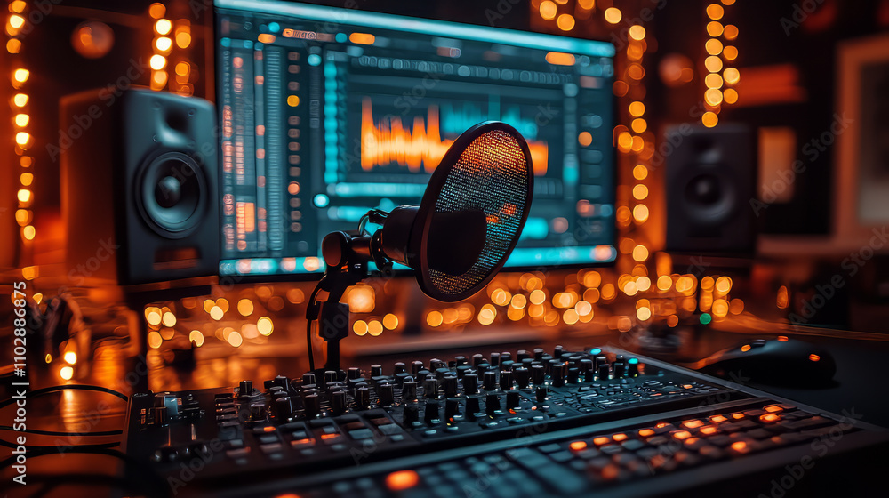 Detailed view of a podcasting microphone with a pop filter, illuminated by warm studio lights, dynamic audio waveform glowing on a high-resolution computer monitor in the background, Detailed view of a podcasting microphone with a pop filter, illuminated by warm studio lights, dynamic audio waveform glowing on a high-resolution computer monitor in the background,