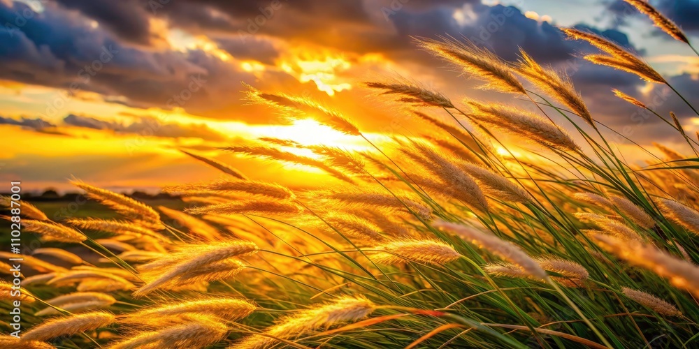 Sunset Grass Abstract Blur, Windblown Meadow, Golden Hour Photography, Soft Light Landscape