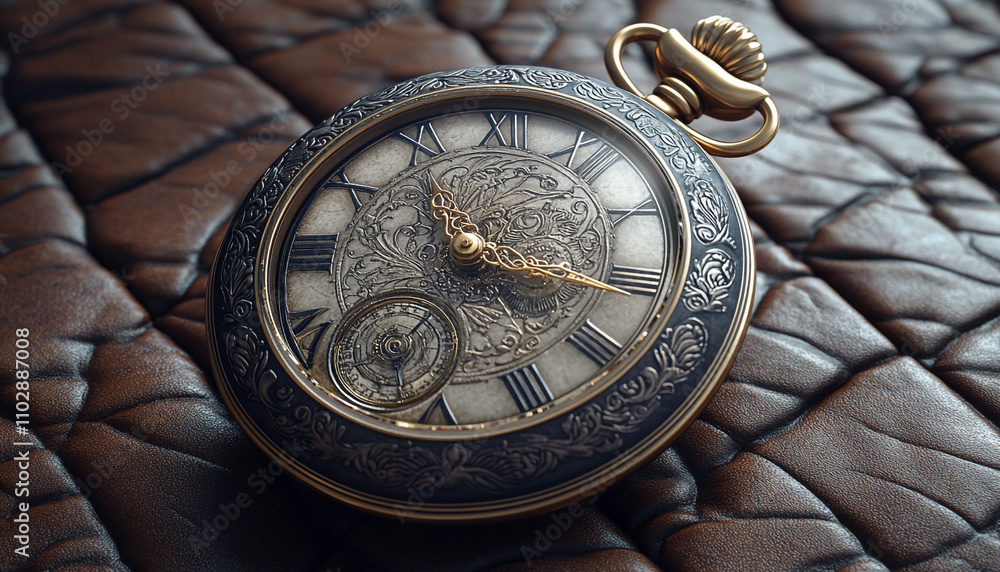 Naklejka premium A detailed 3D model of a vintage pocket watch with intricate engravings, placed on a textured leather surface