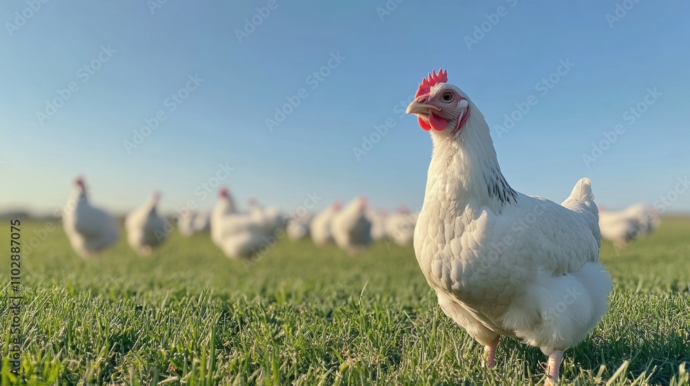 Fototapeta premium A white broiler chicken looks directly and inquisitively, as if looking and searching for something.