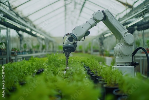 Robotic Arm Tending to Green Plants in a Modern Greenhouse Environment with Advanced Technology for Agriculture Improvement and Automation photo