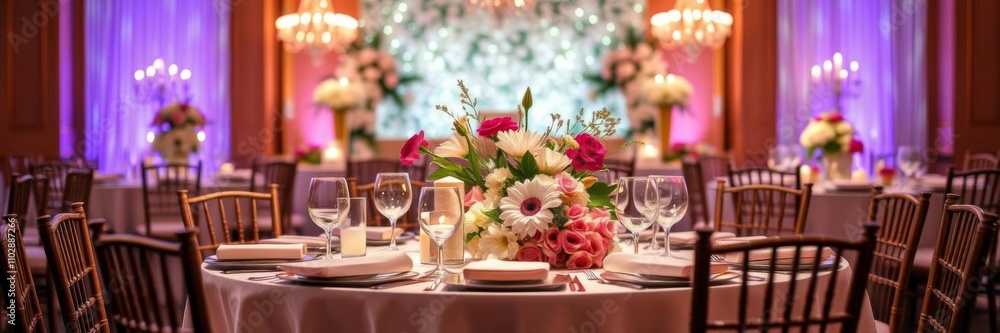 A lavish dining table set with anniversary candles and floral arrangements, creating a luxurious frame around free copy space in the center, anniversary candles, table settings A lavish dining table set with anniversary candles and floral arrangements, creating a luxurious frame around free copy space in the center, anniversary candles, table settings