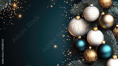 Elegant Christmas Ornaments and Pine Branches with Sparkling Lights