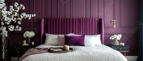 Modern bedroom elegance stylish interior with deep plum walls