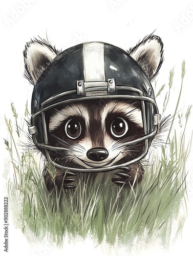 Mischievous raccoon in a comically small football helmet, peeking out from tall grass, whimsical cartoon style