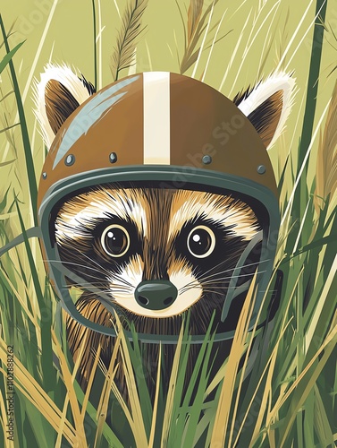 Mischievous raccoon in a comically small football helmet, peeking out from tall grass, whimsical cartoon style