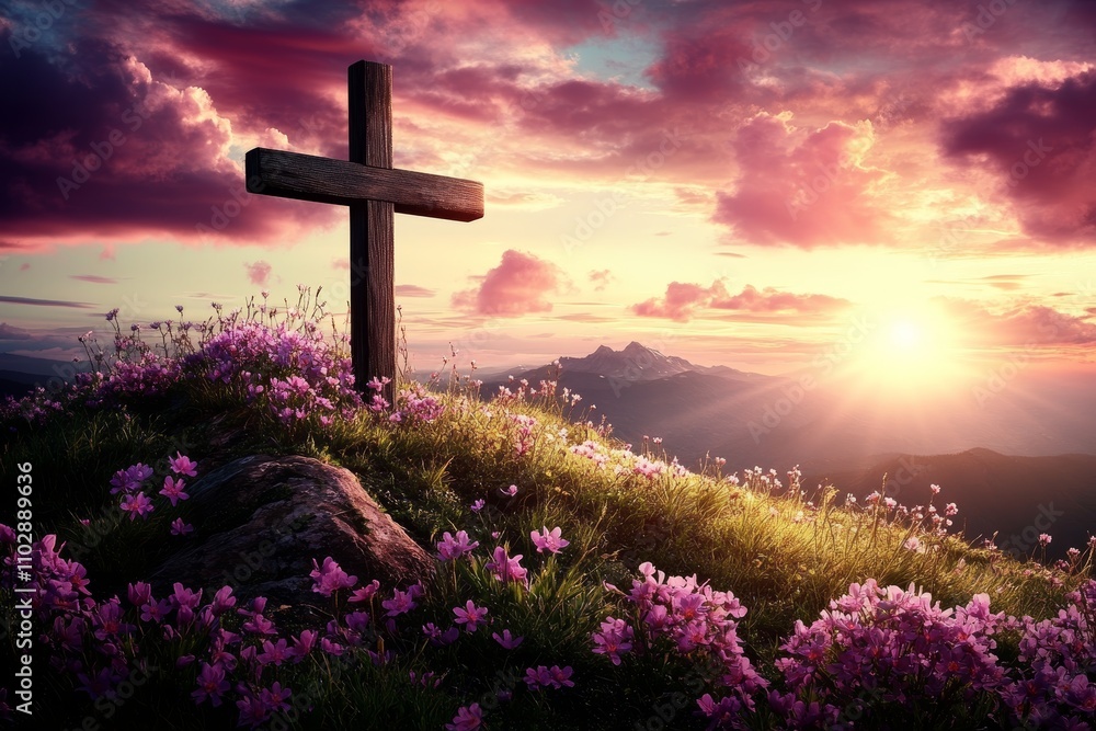 Wooden Cross on Hill at Sunset with Wildflowers and Distant Mountains Wooden Cross on Hill at Sunset with Wildflowers and Distant Mountains