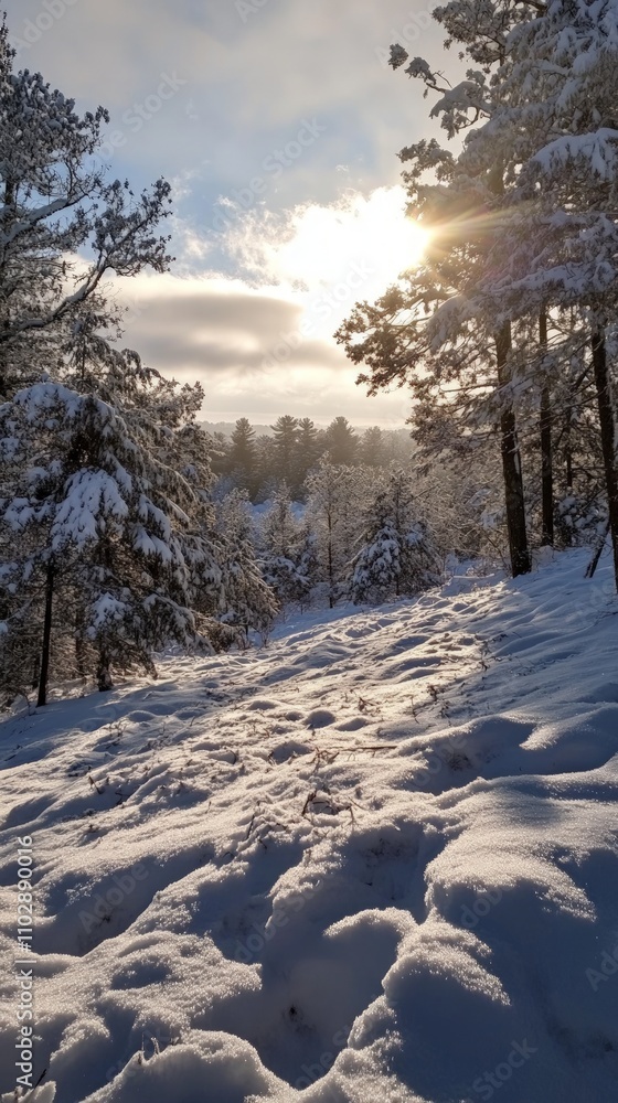 Enchanting Winter Wonderland, a snow-covered forest bathed in sunlight, trees glistening with frost, creating a serene and magical winter landscape. Enchanting Winter Wonderland, a snow-covered forest bathed in sunlight, trees glistening with frost, creating a serene and magical winter landscape.