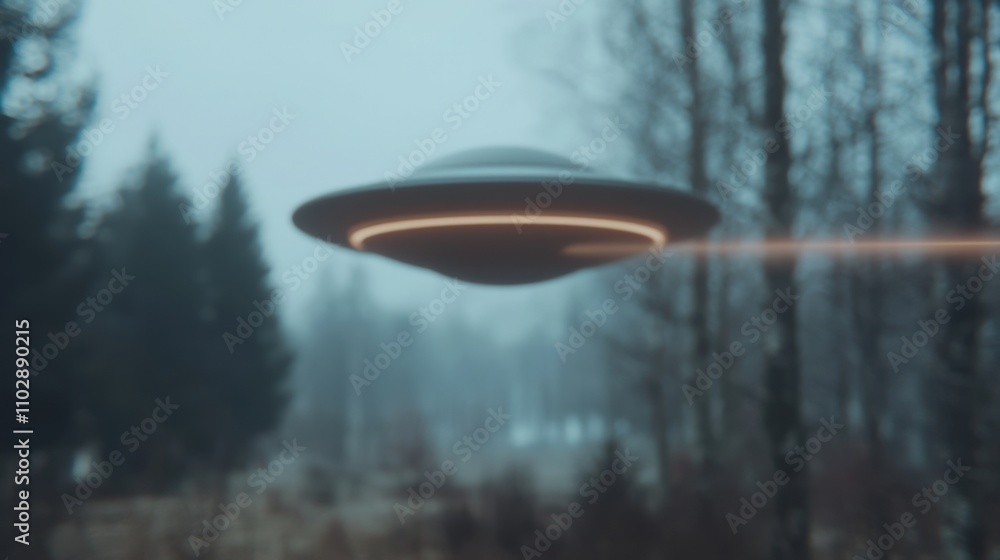 Mysterious UFO Sightings Flying Saucer over Forest Landscape Mysterious UFO Sightings Flying Saucer over Forest Landscape