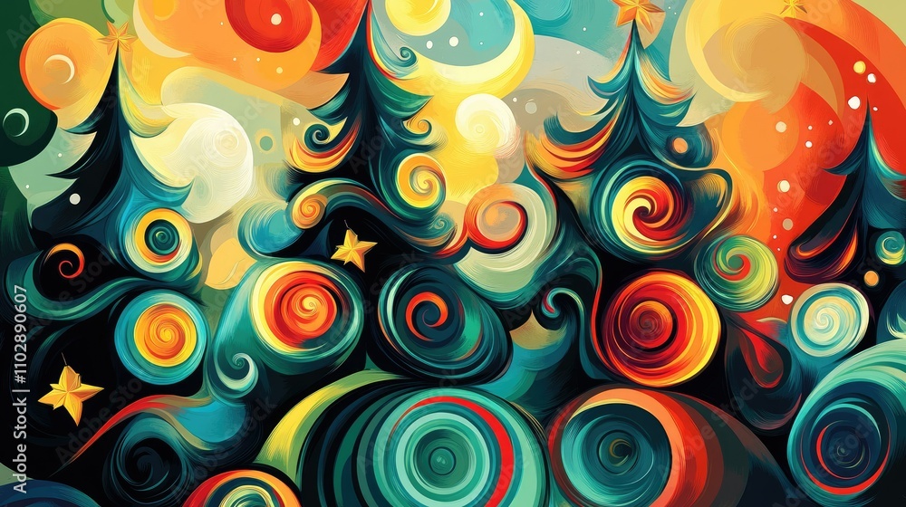 A vivid abstract design of Christmas trees made of swirls, showcasing bold pop art colors and an imaginative winter holiday style. A vivid abstract design of Christmas trees made of swirls, showcasing bold pop art colors and an imaginative winter holiday style.