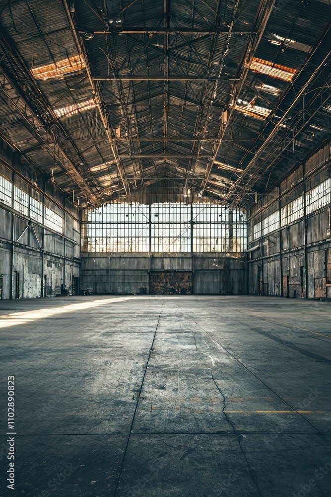 Spacious interior of an empty warehouse captured in an image. Spacious interior of an empty warehouse captured in an image.