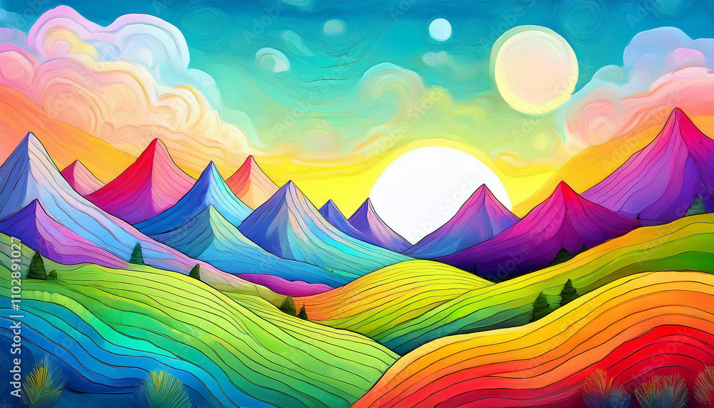 Colorful abstract landscape featuring rolling hills, pine trees, and a vibrant sunrise, rendered in a flowing, artistic style with bold rainbow hues. Perfect for nature, fantasy, or creative themes Colorful abstract landscape featuring rolling hills, pine trees, and a vibrant sunrise, rendered in a flowing, artistic style with bold rainbow hues. Perfect for nature, fantasy, or creative themes