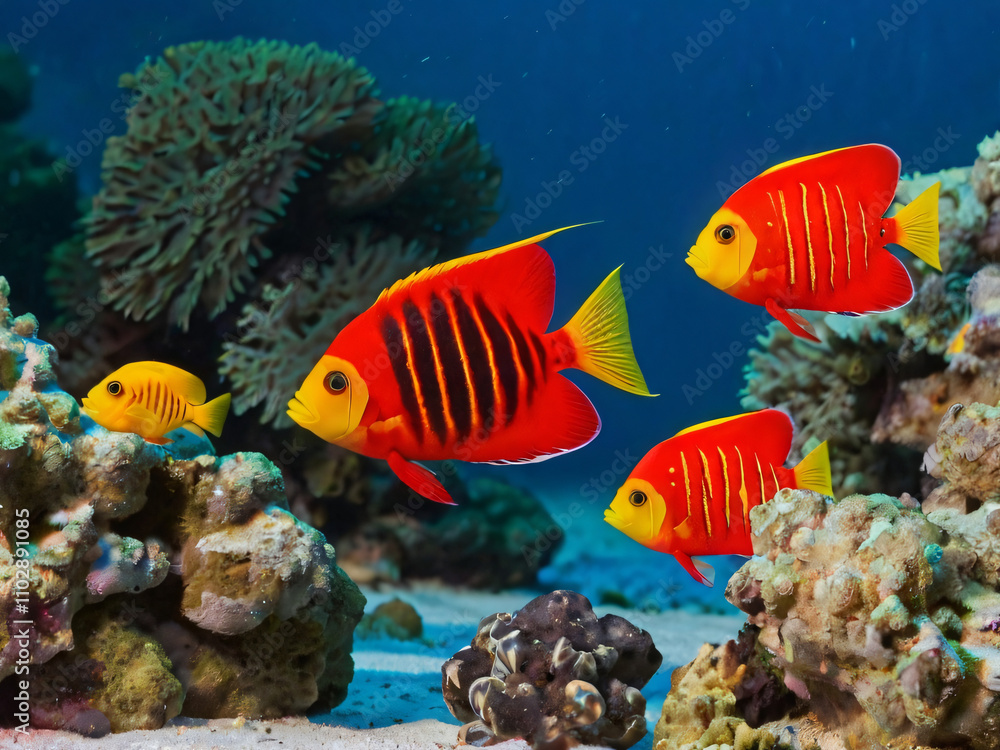 group of flame angelfish swimming group of flame angelfish swimming