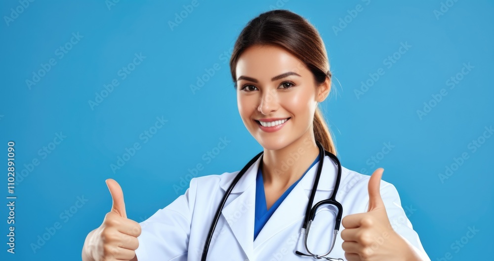 Confident female doctor giving thumbs up against blue background Confident female doctor giving thumbs up against blue background