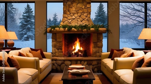 A warm and inviting living room with a rustic stone fireplace at its center, crackling with a lively blaze that casts a golden glow on the plush, cream-colored couches arranged in a cozy conversationa photo