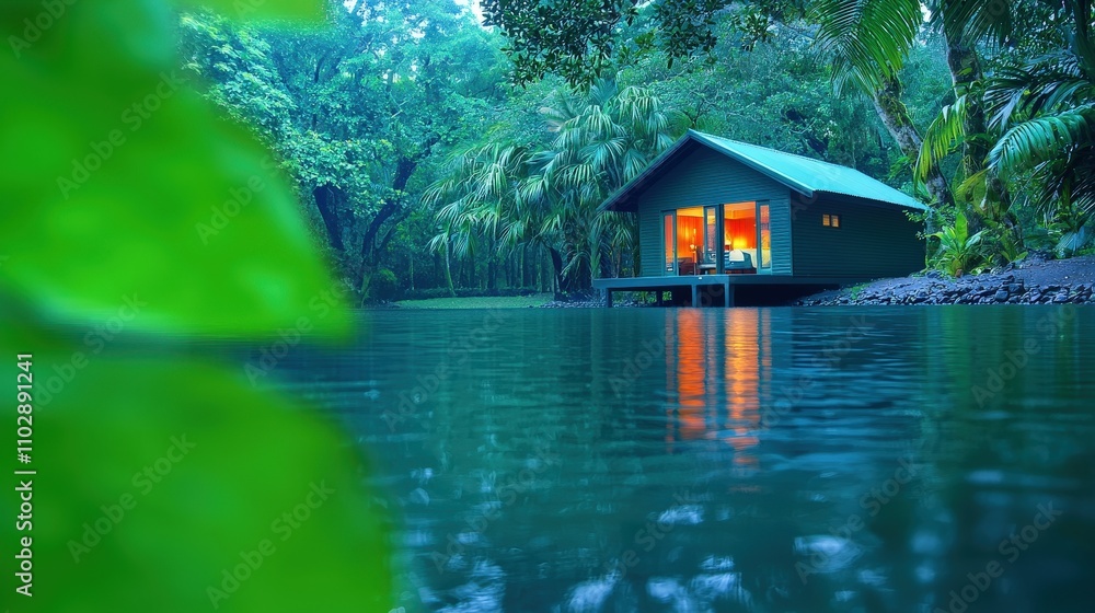 Obraz premium Serene Lakeside Cabin Retreat Tropical Getaway Lush Foliage Tranquil Pond