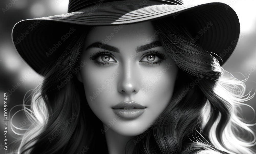 Monochrome portrait of woman in widebrim hat with soft curls Monochrome portrait of woman in widebrim hat with soft curls