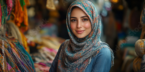 late 40's pretty middle eastern woman in hijab and abaya, weaves Middle Eastern Saudi threaded pattern onto denim jacket of mid 20's beautiful Asian woman, in middle eastern.