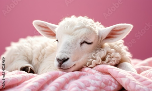 Adorable sleeping lamb on soft pink blanket photo