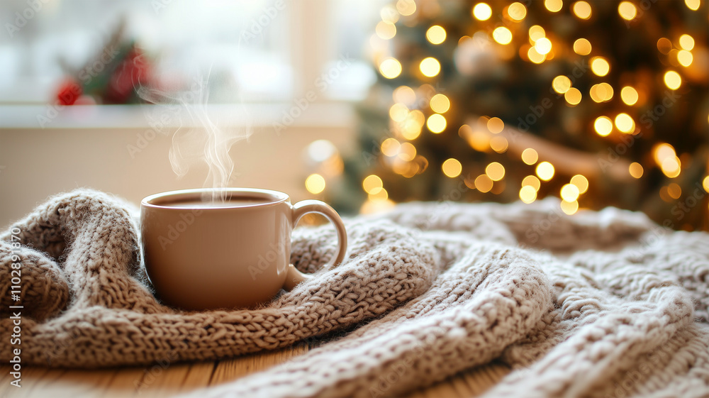 クリスマスツリーと暖かいコーヒーの静かな冬のひととき クリスマスツリーと暖かいコーヒーの静かな冬のひととき