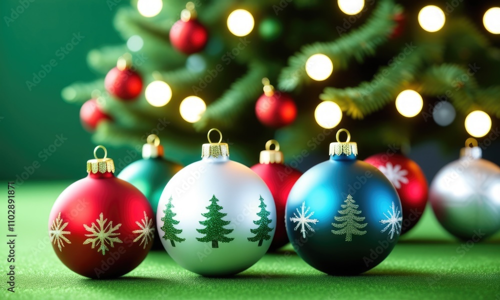 Festive christmas ornaments with tree and snowflake designs on green background Festive christmas ornaments with tree and snowflake designs on green background