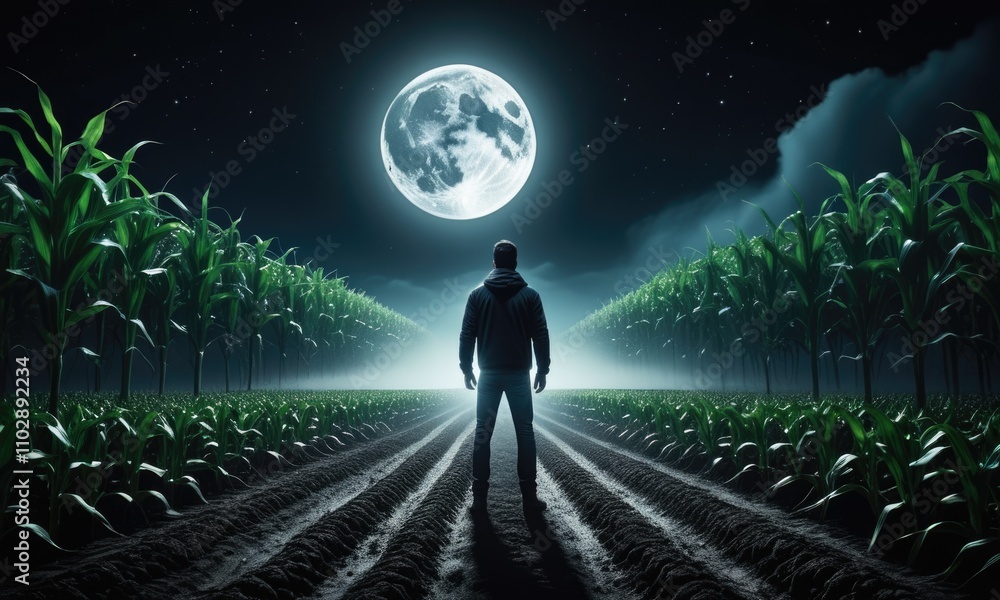 Fototapeta premium Lone figure in moonlit cornfield: mystical night scene with full moon