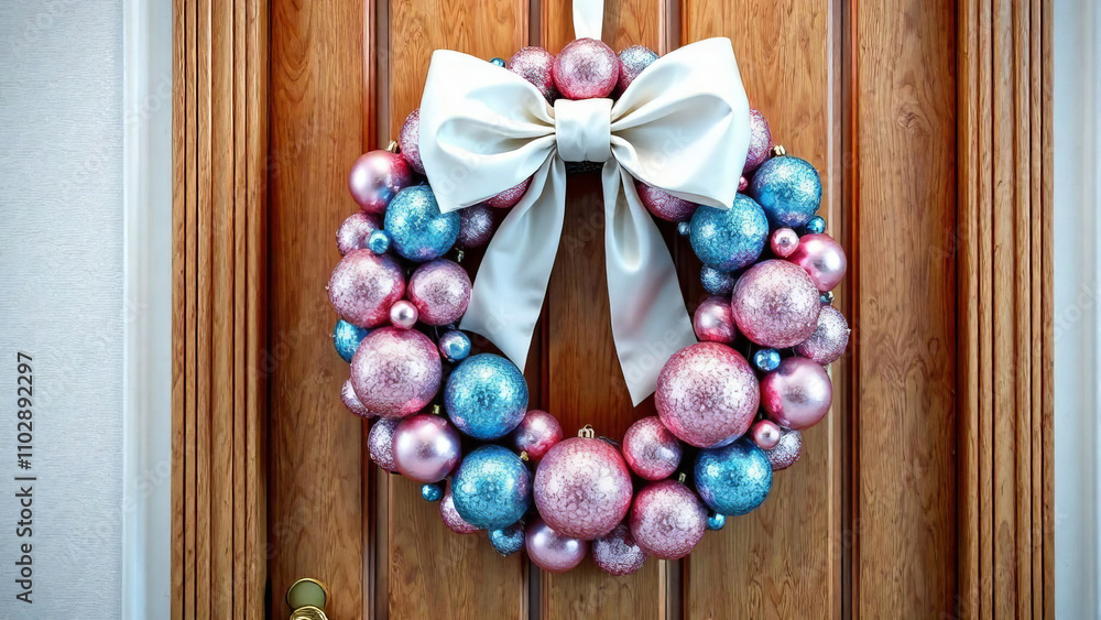 An exquisite wreath made up of ornaments of different sizes in pink and blue. An exquisite wreath made up of ornaments of different sizes in pink and blue.