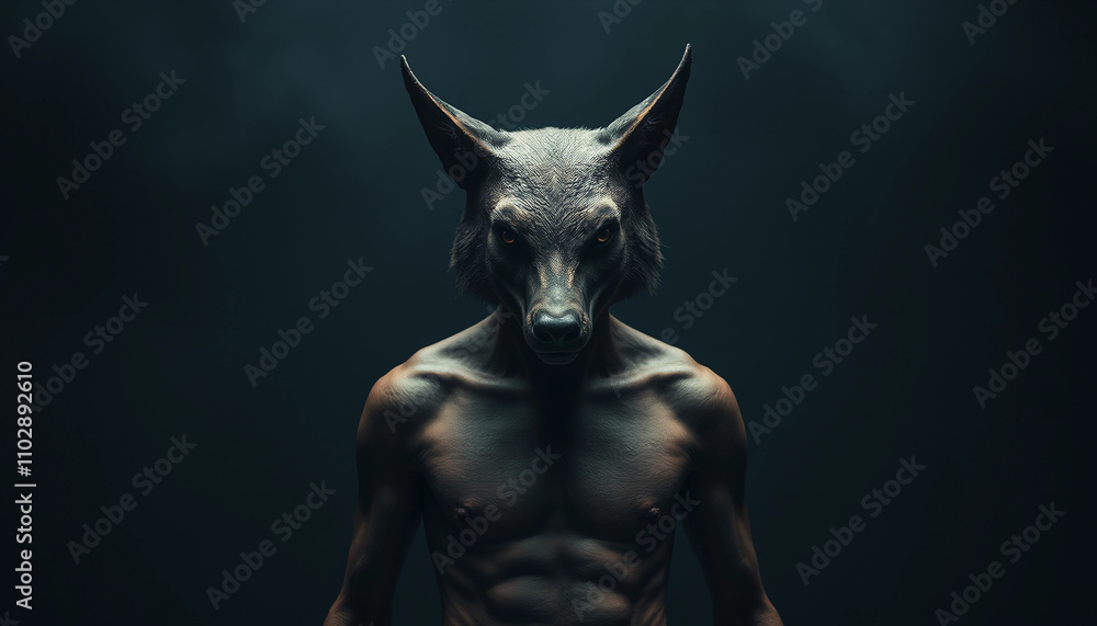 Create a surrealistic scene featuring a human body with an animal head, showcasing a mysterious and powerful atmosphere. The composition should have strong visual impact, with a focus on dramatic ligh Create a surrealistic scene featuring a human body with an animal head, showcasing a mysterious and powerful atmosphere. The composition should have strong visual impact, with a focus on dramatic ligh