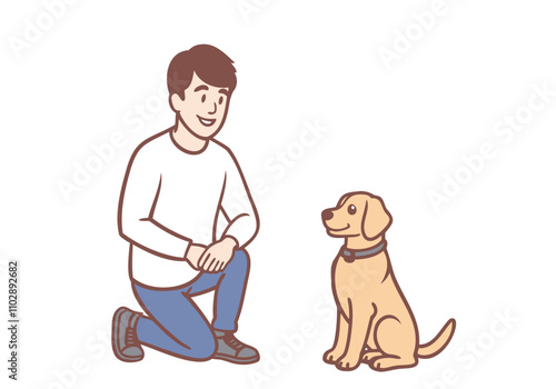 A young man is training his dog. Hand drawn style vector design illustrations.