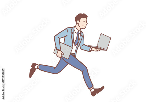 Young businessman running while using laptop. Hand drawn style vector design illustrations.