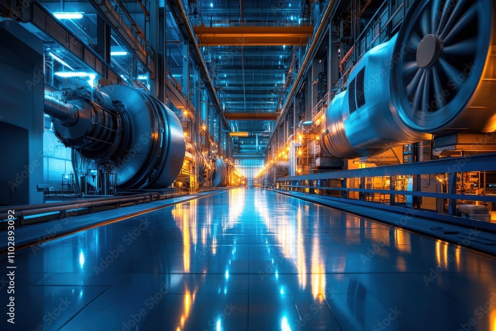 Obraz premium Industrial machinery massive turbines power plant interior futuristic technology