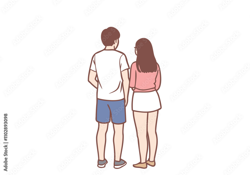 A couple standing with their backs to each other. Hand drawn style vector design illustrations. A couple standing with their backs to each other. Hand drawn style vector design illustrations.