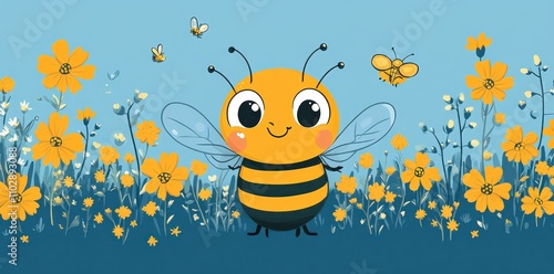 Happy Bee Amongst Yellow Flowers In A Blue Meadow