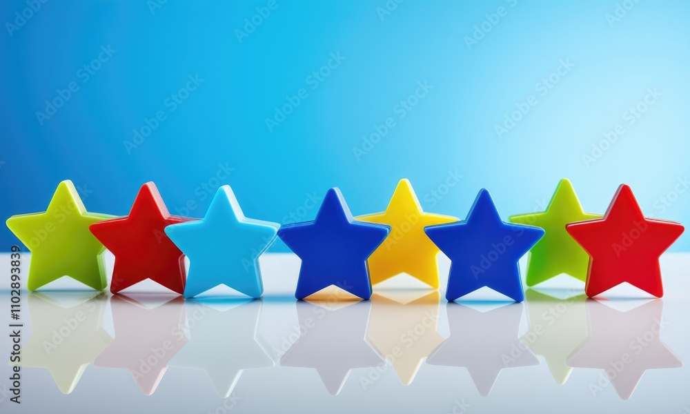 Fototapeta premium Colorful plastic stars arranged on reflective surface with blue gradient background