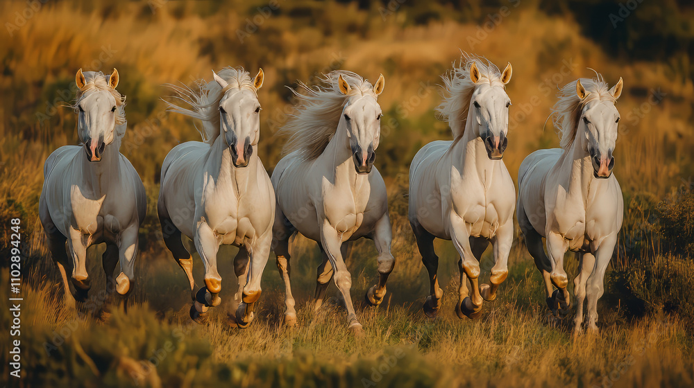 Overhead view,A group of white horses running from left to right on the grass. Overhead view,A group of white horses running from left to right on the grass.