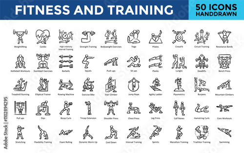 Fitness and Training icon set with weightlifting, cardio, high intensity interval training, strength training, bodyweight exercises, yoga, pilates, crossfit icon. Simple handdrawn vector 
