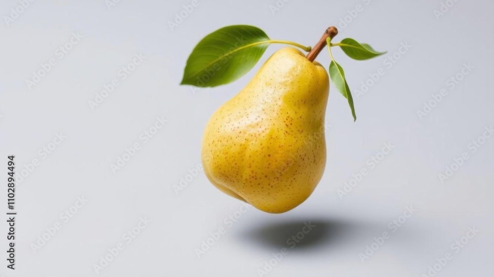 A single green pear with stem on green surface, blurred background of floating green and yellow pears, organic, surface A single green pear with stem on green surface, blurred background of floating green and yellow pears, organic, surface