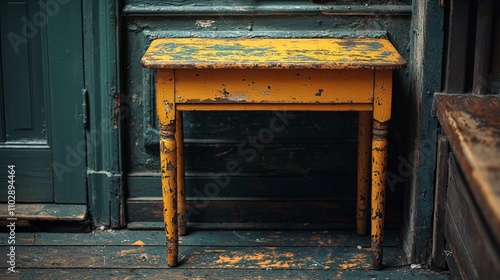 A weathered yellow table stands against a textured wall, showcasing rustic charm.