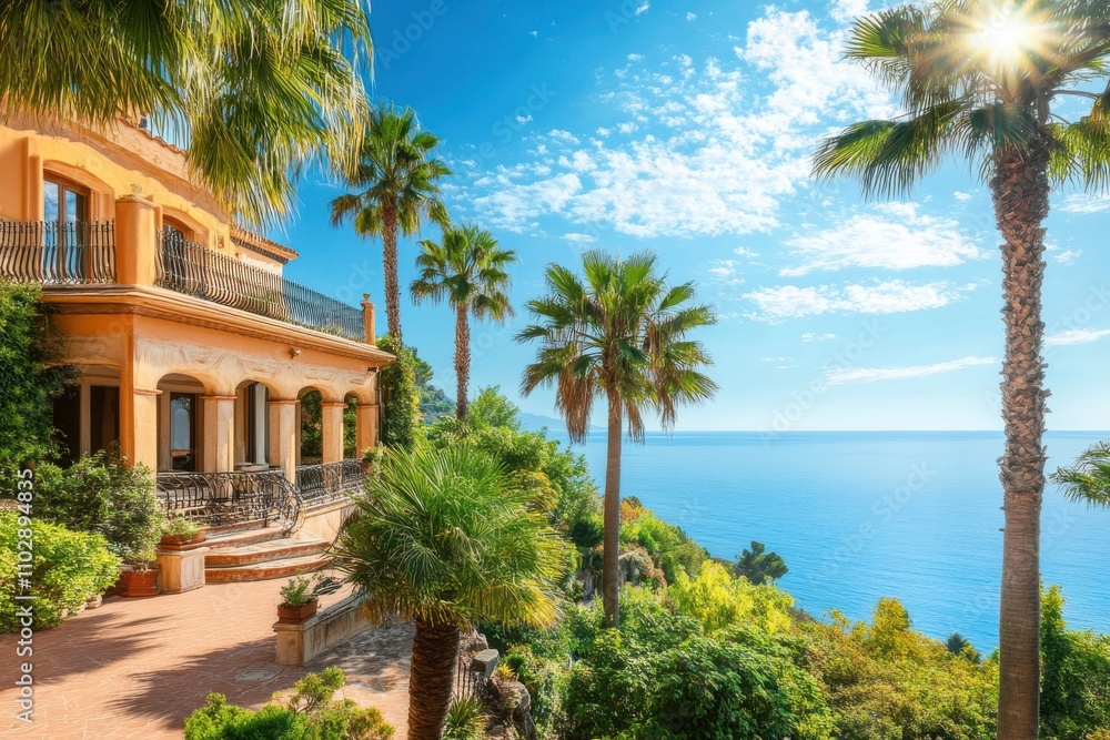 Fototapeta premium Luxury villa with palm trees and sea view sunny