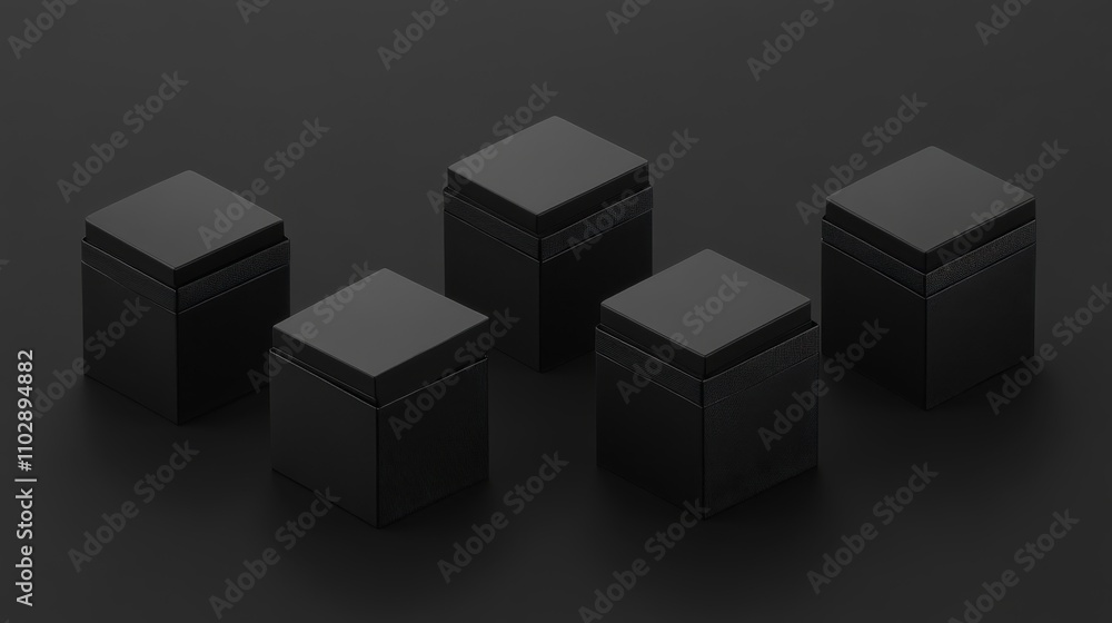 Five black boxes standing on dark background representing mystery and elegance Five black boxes standing on dark background representing mystery and elegance