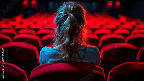 woman sitting alone in dark cinema, illuminated by red lights, reflects sense of solitude and anticipation. empty red seats create dramatic atmosphere