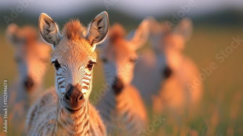 Adorable Zebra Herd Grazing at Sunset  African Savanna Wildlife Photography